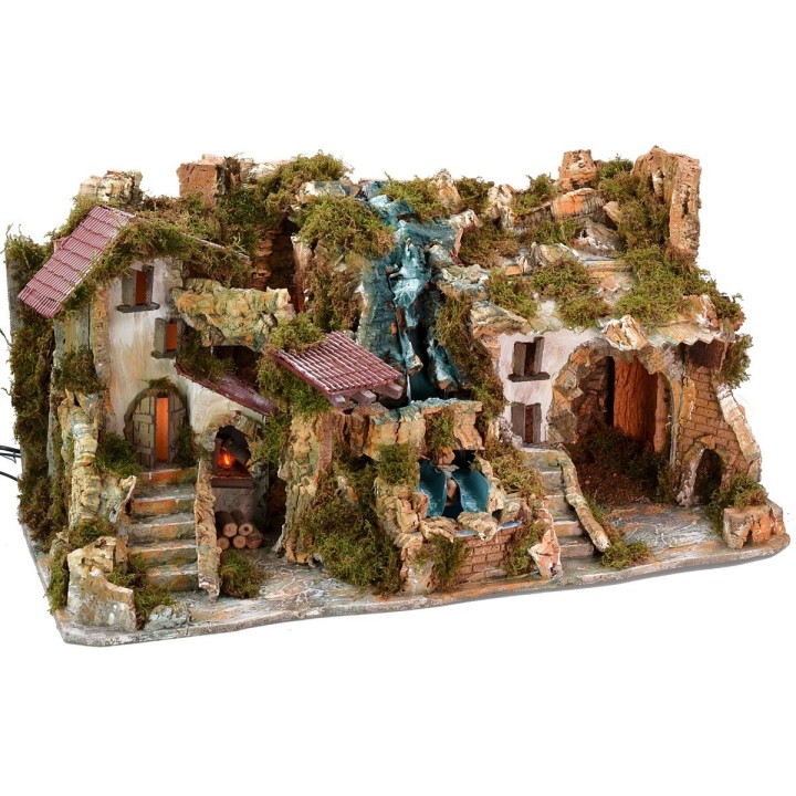 Presepe illuminato con doppia cascata e fuoco funzionante cm