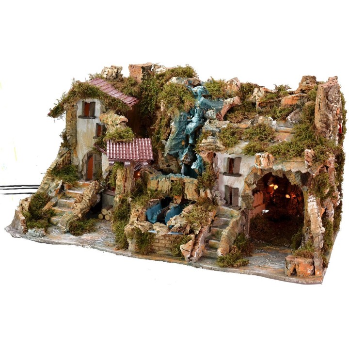 Presepe illuminato con doppia cascata e fuoco funzionante cm