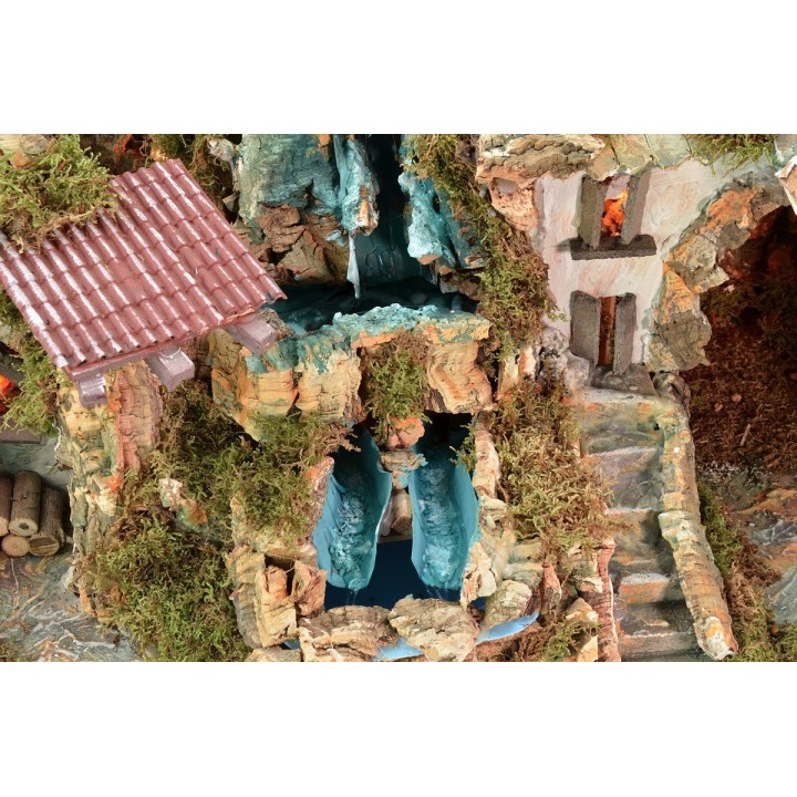 Illuminated nativity scene with double waterfall and working fire cm