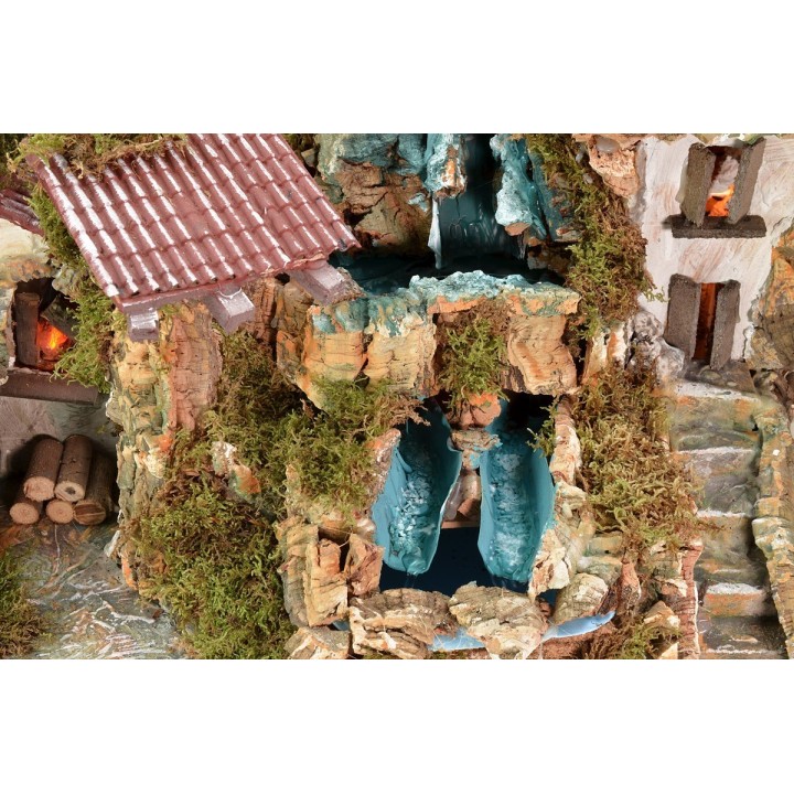 Presepe illuminato con doppia cascata e fuoco funzionante cm
