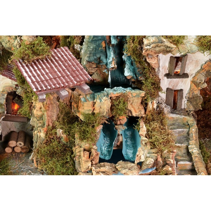 Pesebre iluminado con doble cascada y fuego funcionando cm