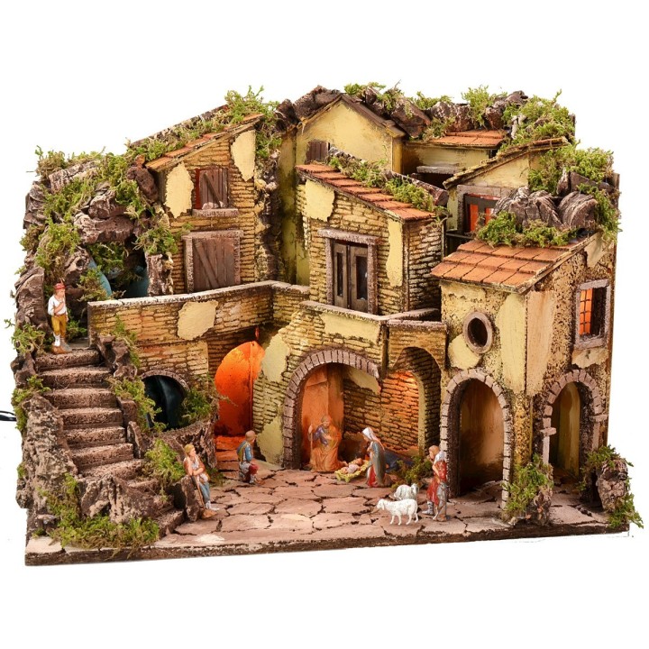 Presepe illuminato completo di statue Landi con cascata
