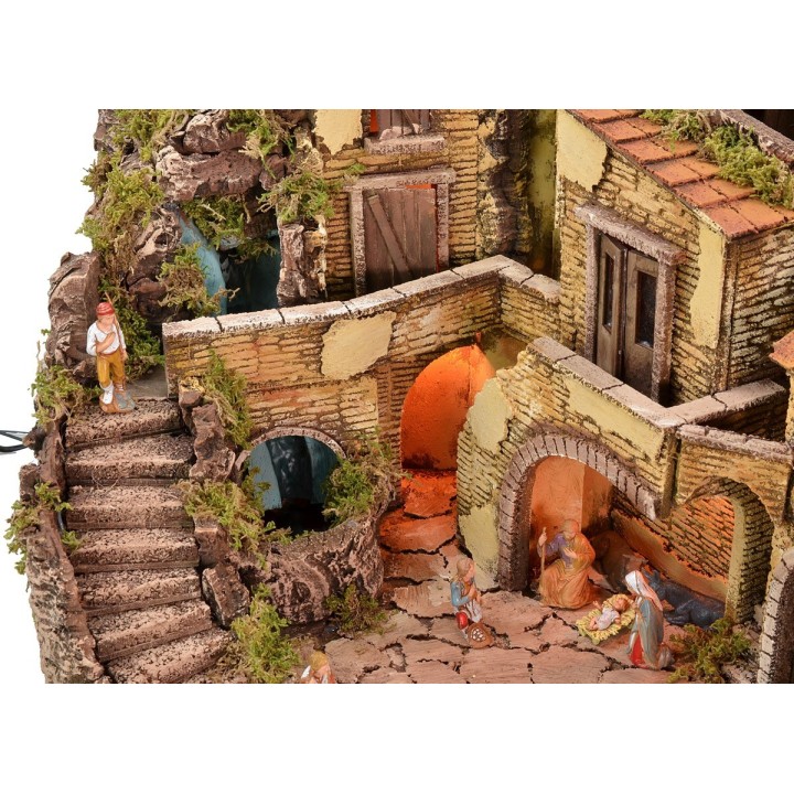 Presepe illuminato completo di statue Landi con cascata