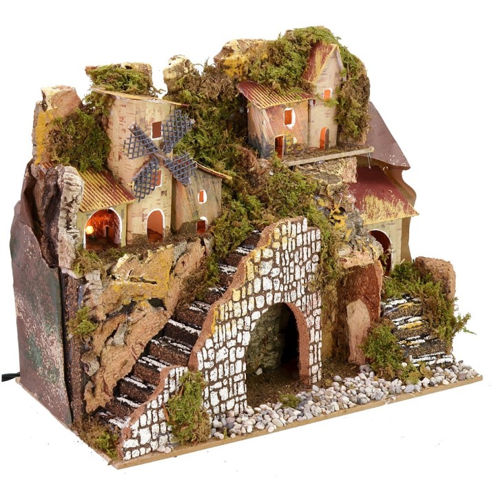 Presepe illuminato con borgo e paesaggio cm 28x15x23 h