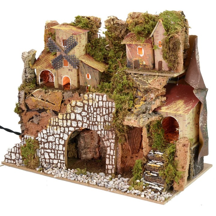 Belén iluminado con pueblo y paisaje cm 28x15x23 h