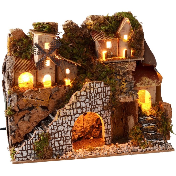 Belén iluminado con pueblo y paisaje cm 28x15x23 h