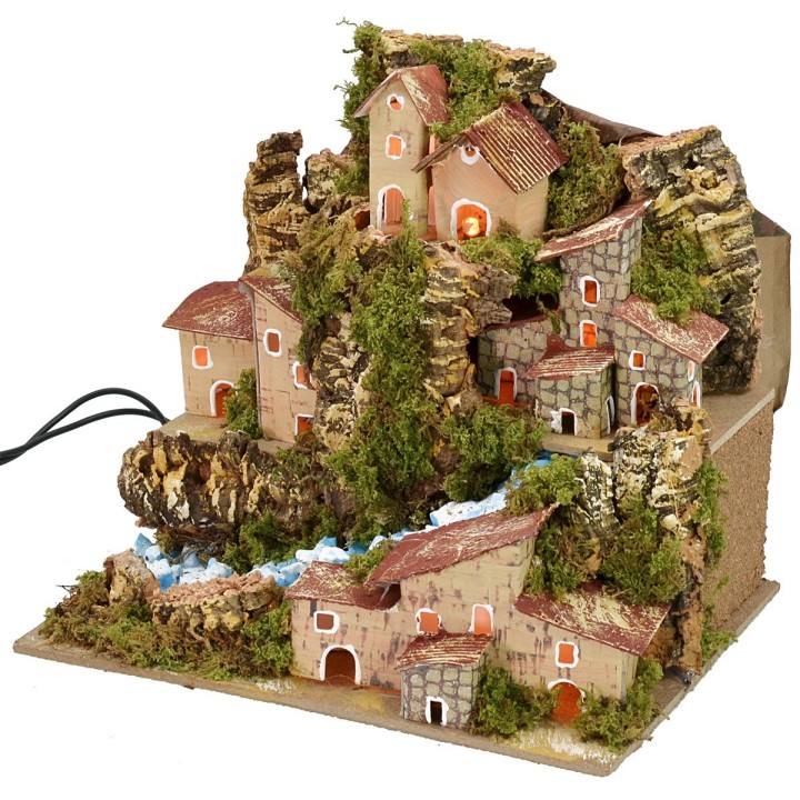 Paesaggio illuminato con ruscello e borgo in lontananza cm