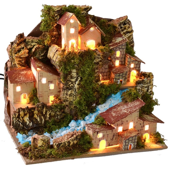 Paesaggio illuminato con ruscello e borgo in lontananza cm