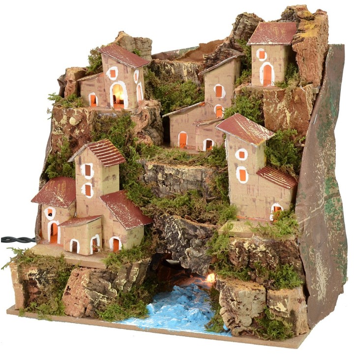 Paisaje iluminado con río y pueblo de 20x14x18,5 cm h