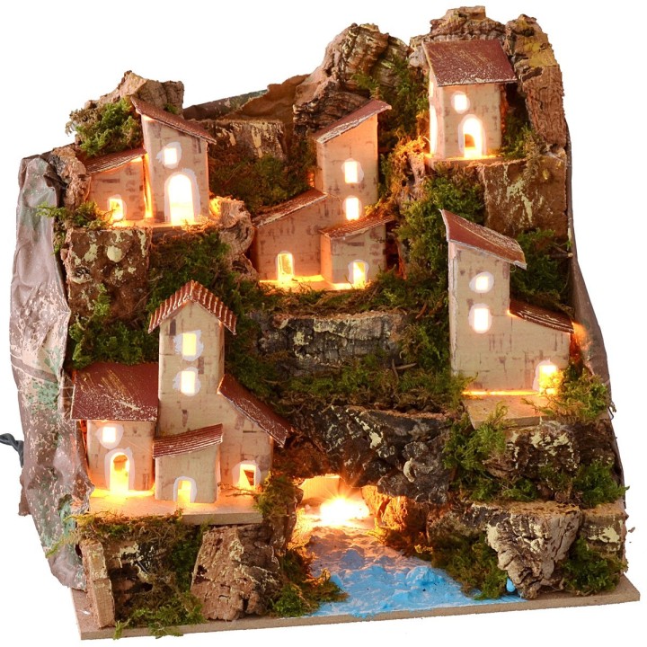 Illuminated landscape with river and village cm 20x14x18.5 h