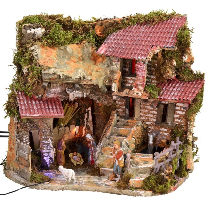 Presepe illuminato completo di statue Landi con fontana