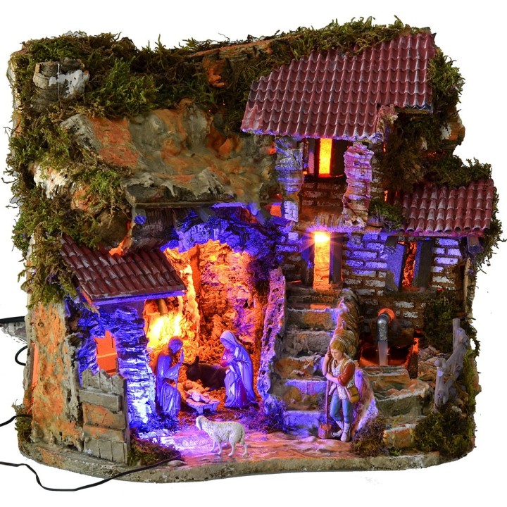 Presepe illuminato completo di statue Landi con fontana