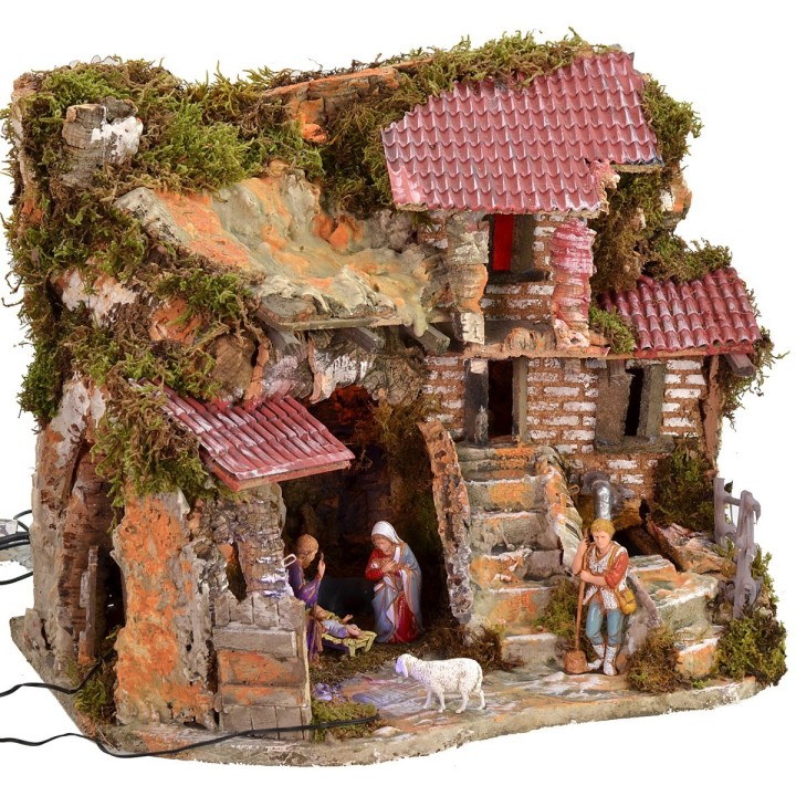 Presepe illuminato completo di statue Landi con fontana