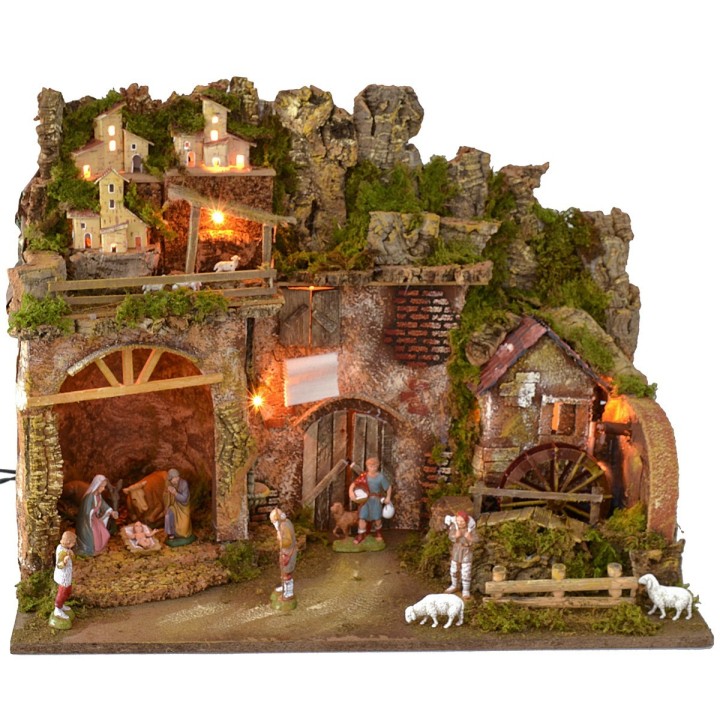 Nacimiento iluminado completo con estatuas Landi y molino de agua