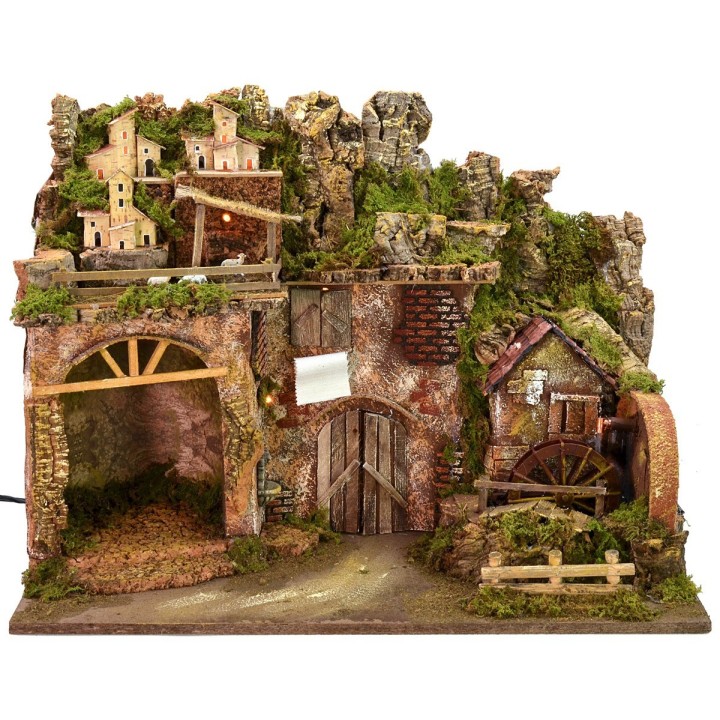 Illuminated nativity scene with working water mill cm 60x34x45 h