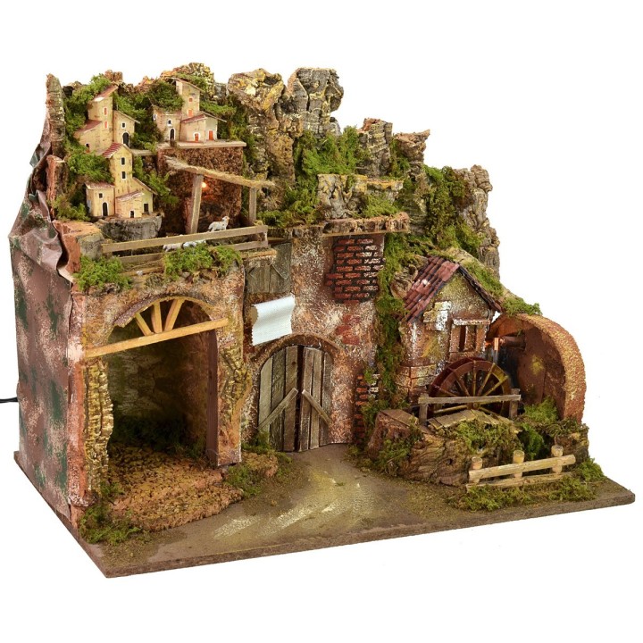 Illuminated nativity scene with working water mill cm 60x34x45 h