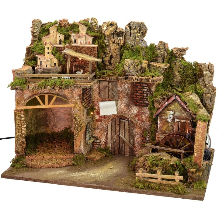 Illuminated nativity scene with working water mill cm 60x34x45 h