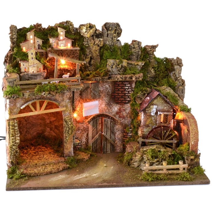 Presepe illuminato con mulino ad acqua funzionante cm 60x34x45 h