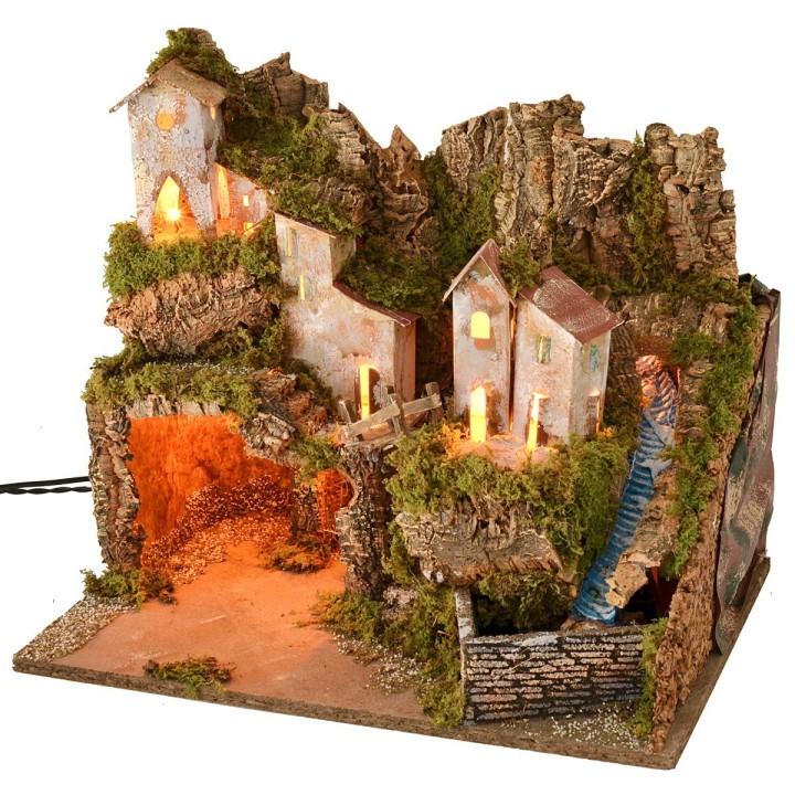 Nativity scene with landscape, lights, and working waterfall cm 45x31x39 h