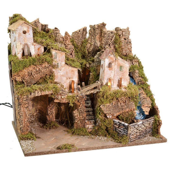 Presepe con paesaggio, luci e cascata funzionante cm 45x31x39 h