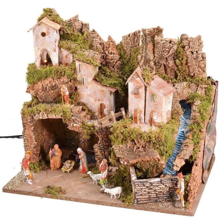 Presepe completo di statue Landi con luci e cascata funzionante