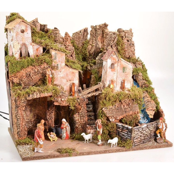 Presepe completo di statue Landi con luci e cascata funzionante