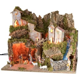 Presepe completo di statue Landi con luci e cascata funzionante