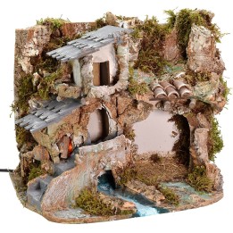 Pesebre con cueva, casa y fuego funcional cm 37x26,5x30 h