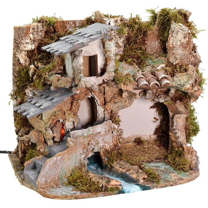 Pesebre con cueva, casa y fuego funcional cm 37x26,5x30 h
