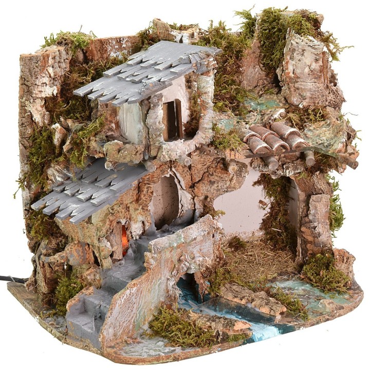 Pesebre con cueva, casa y fuego funcional cm 37x26,5x30 h
