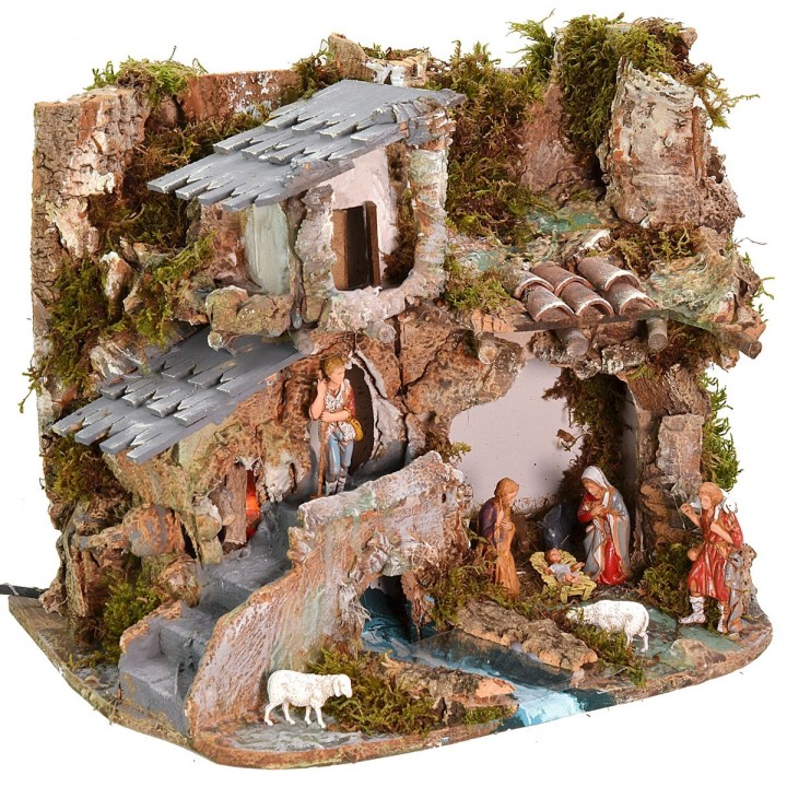 Nativity scene with Landi series statues 8 cm with working fire cm