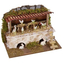 Gallinero con gallinas y conejos 20x14x13 h cm