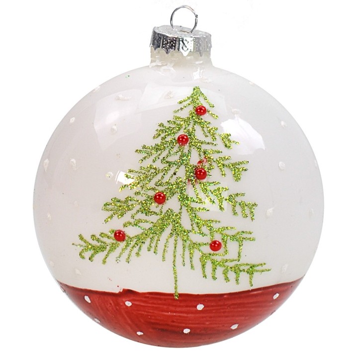 Bola blanco-roja con árbol de Navidad ø 7 cm