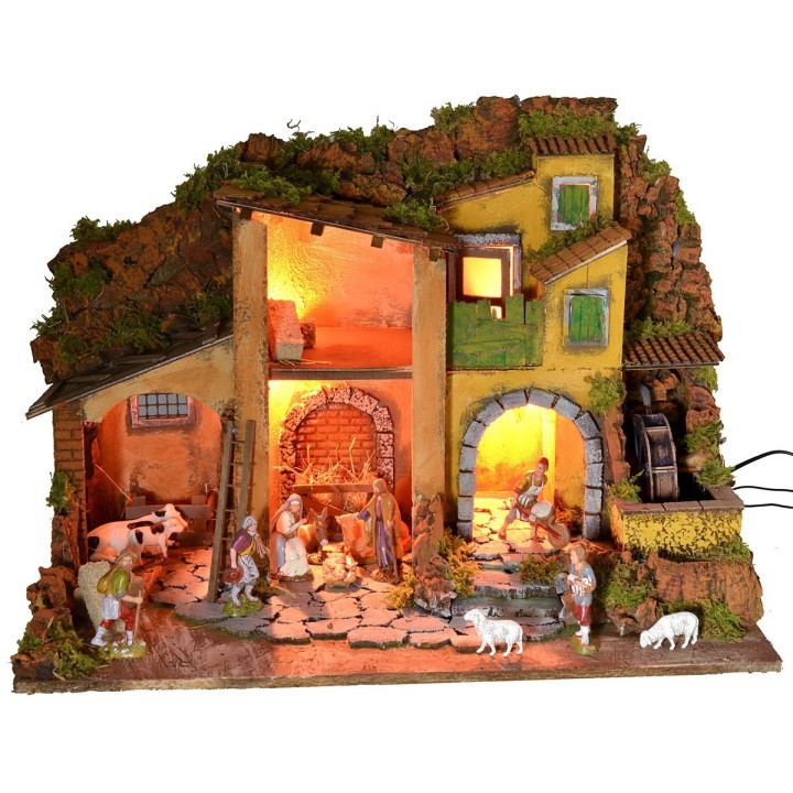 Presepe illuminato completo di statue Landi con mulino ad acqua