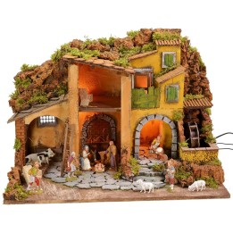 Presepe illuminato completo di statue Landi con mulino ad acqua