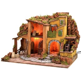 Presepe illuminato con mulino ad acqua funzionante cm 61x40x44 h