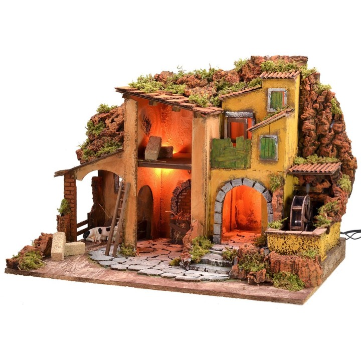 Presepe illuminato con mulino ad acqua funzionante cm 61x40x44 h
