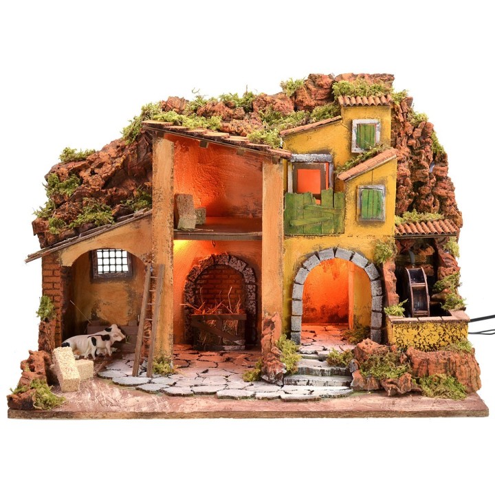 Illuminated nativity scene with working water mill cm 61x40x44 h