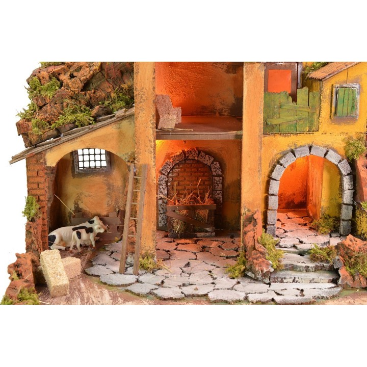 Illuminated nativity scene with working water mill cm 61x40x44 h