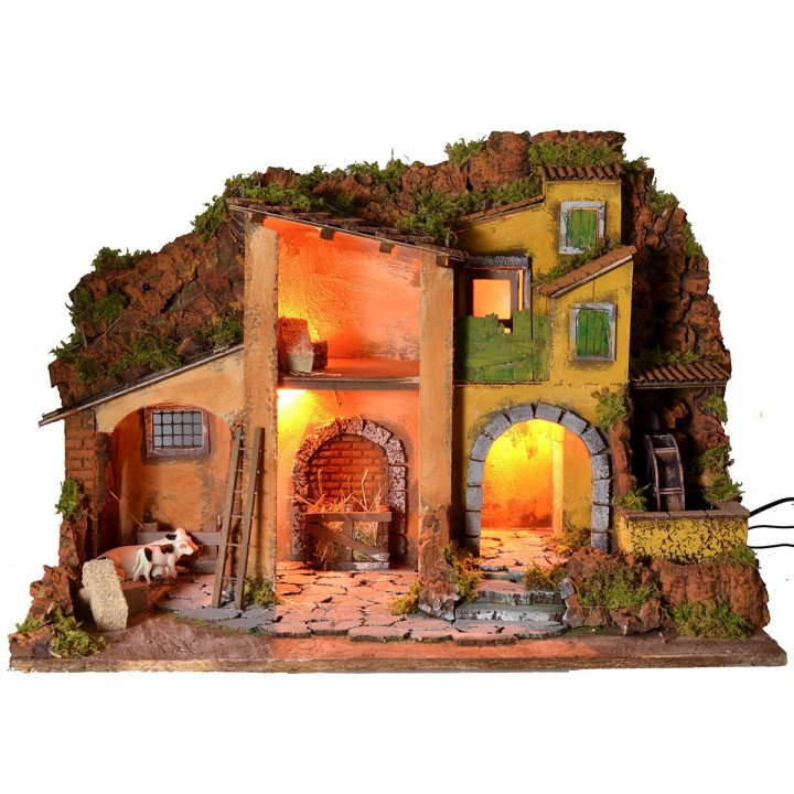 Illuminated nativity scene with working water mill cm 61x40x44 h