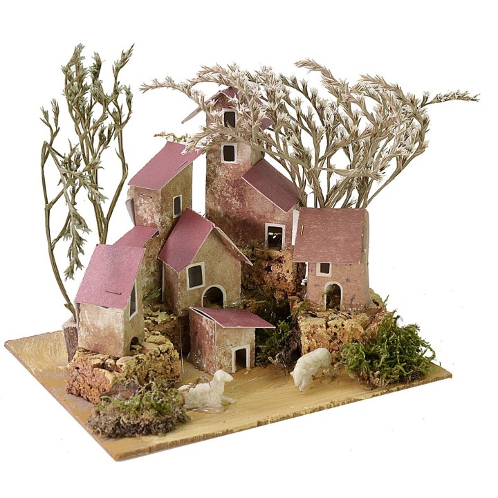 Villaggio per effetto lontananza presepe con alberi cm 15x13x18