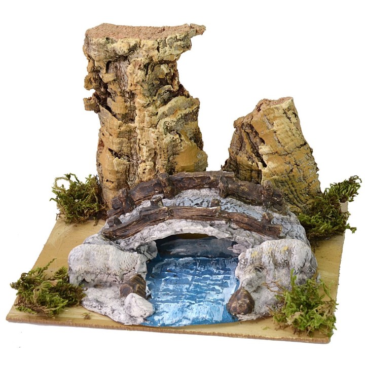 Ruscello tra le rocce con pecore e ponte cm 19X15,7X13,5 h