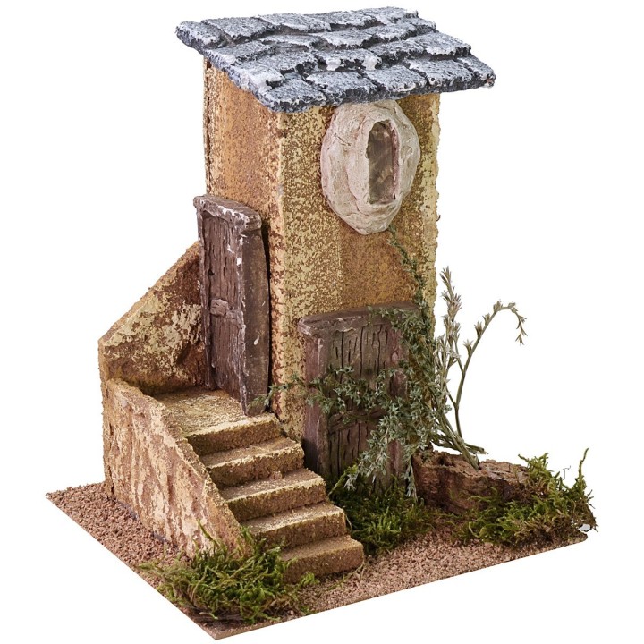 Casa para pesebre con escalera y árbol cm 18x17x21,5 h