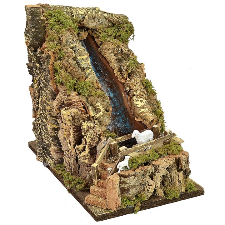 Cascada rocosa funcional con puente y ovejas de 33x18x28 cm h