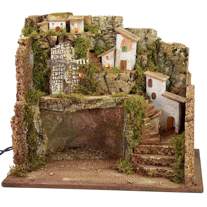 Presepe illuminato con mulino a vento cm 45x30x37,5 h