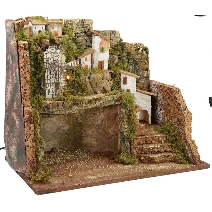 Presepe illuminato con mulino a vento cm 45x30x37,5 h