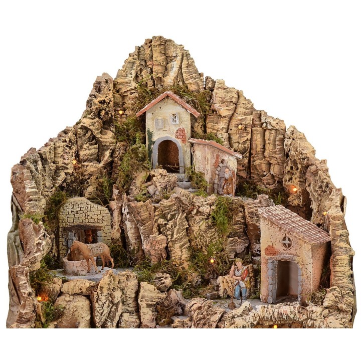 Presepe illuminato con asino alla macina completo di statue