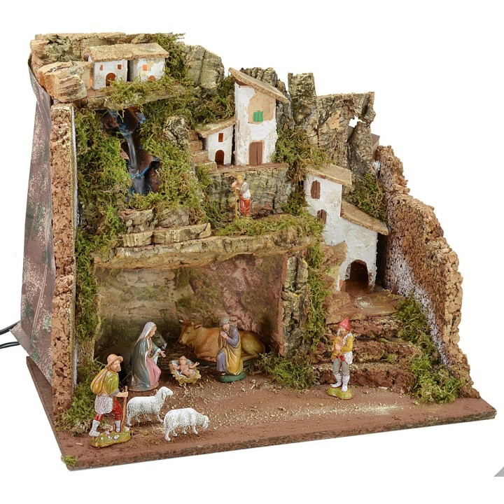 Illuminated nativity scene complete with Landi statues and waterfall cm