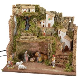 Illuminated nativity scene complete with Landi statues and waterfall cm