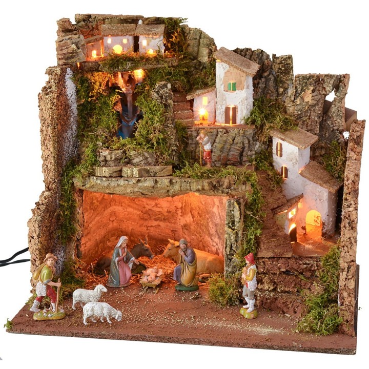 Illuminated nativity scene complete with Landi statues and waterfall cm
